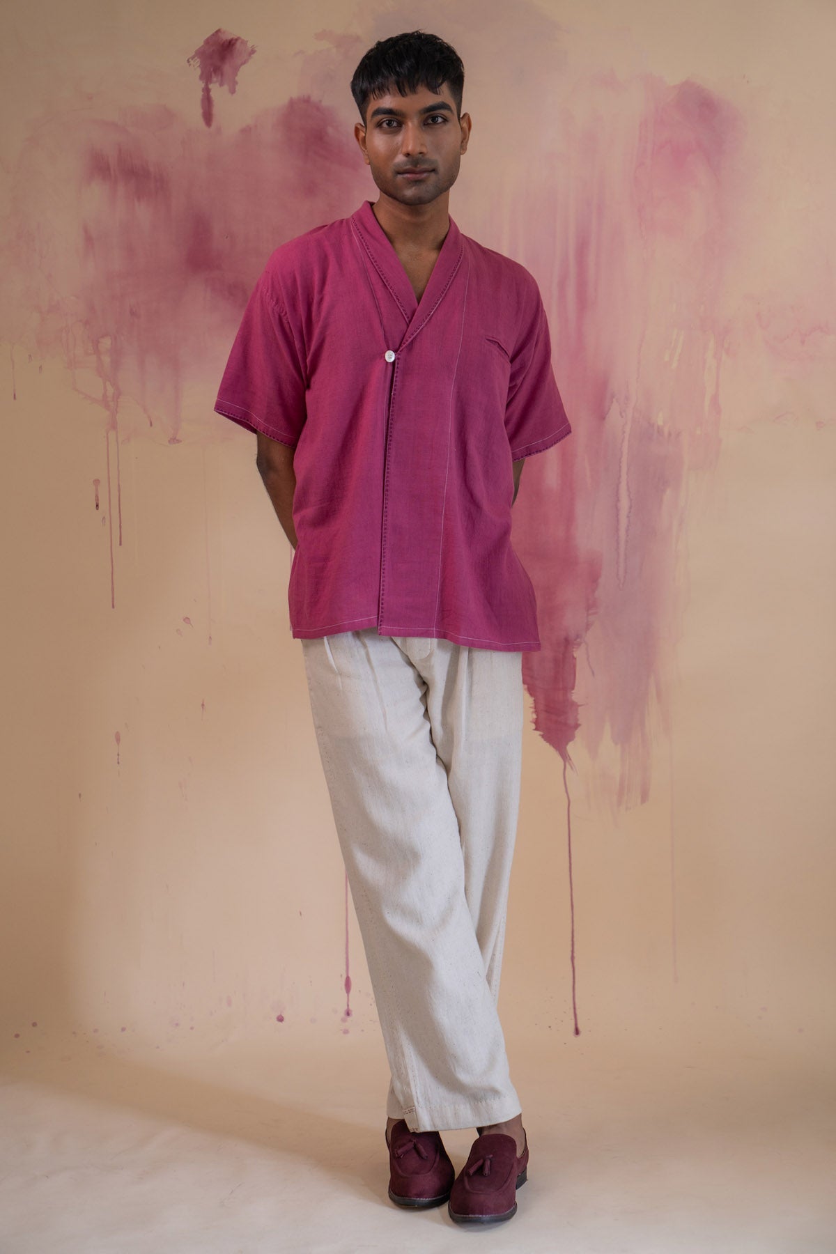 Buy Designer Plum Cotton Kantha Kimono Shirt By Lafaani